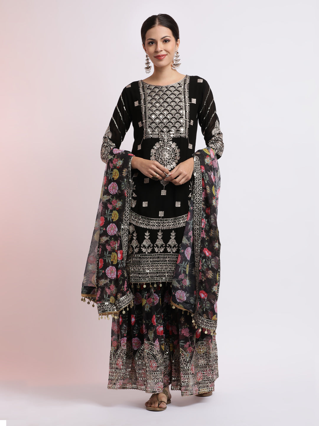 Black Zari Embroidered Kurta With Floral Sharara And Dupatta