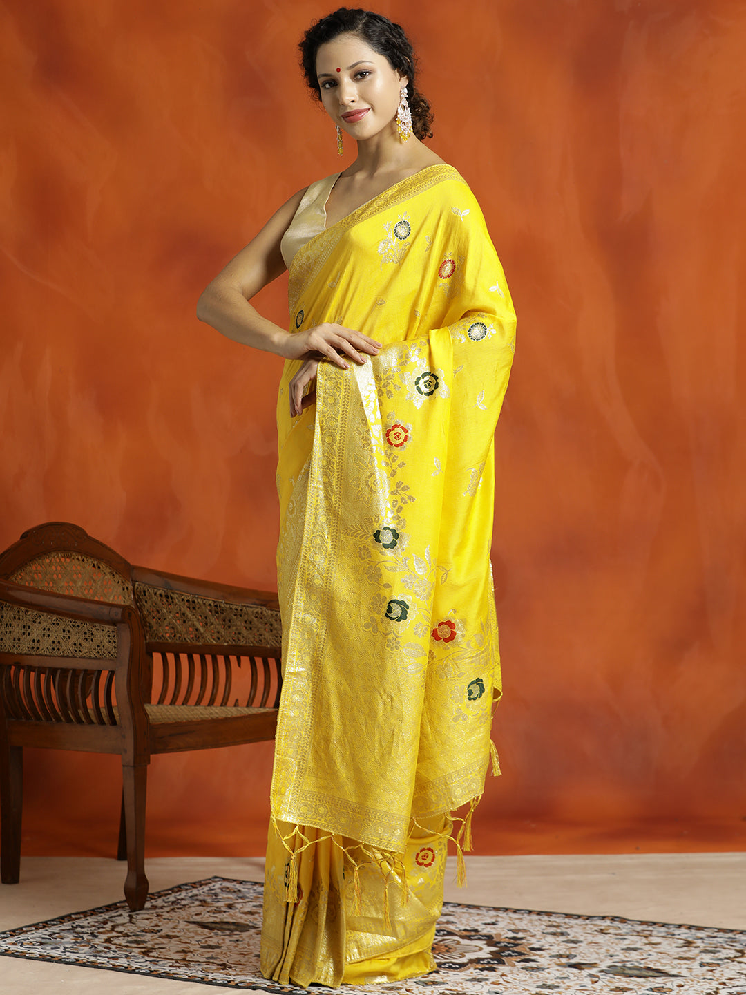 Yellow Silk Banarasi Floral Zari Woven Design Heavy Saree