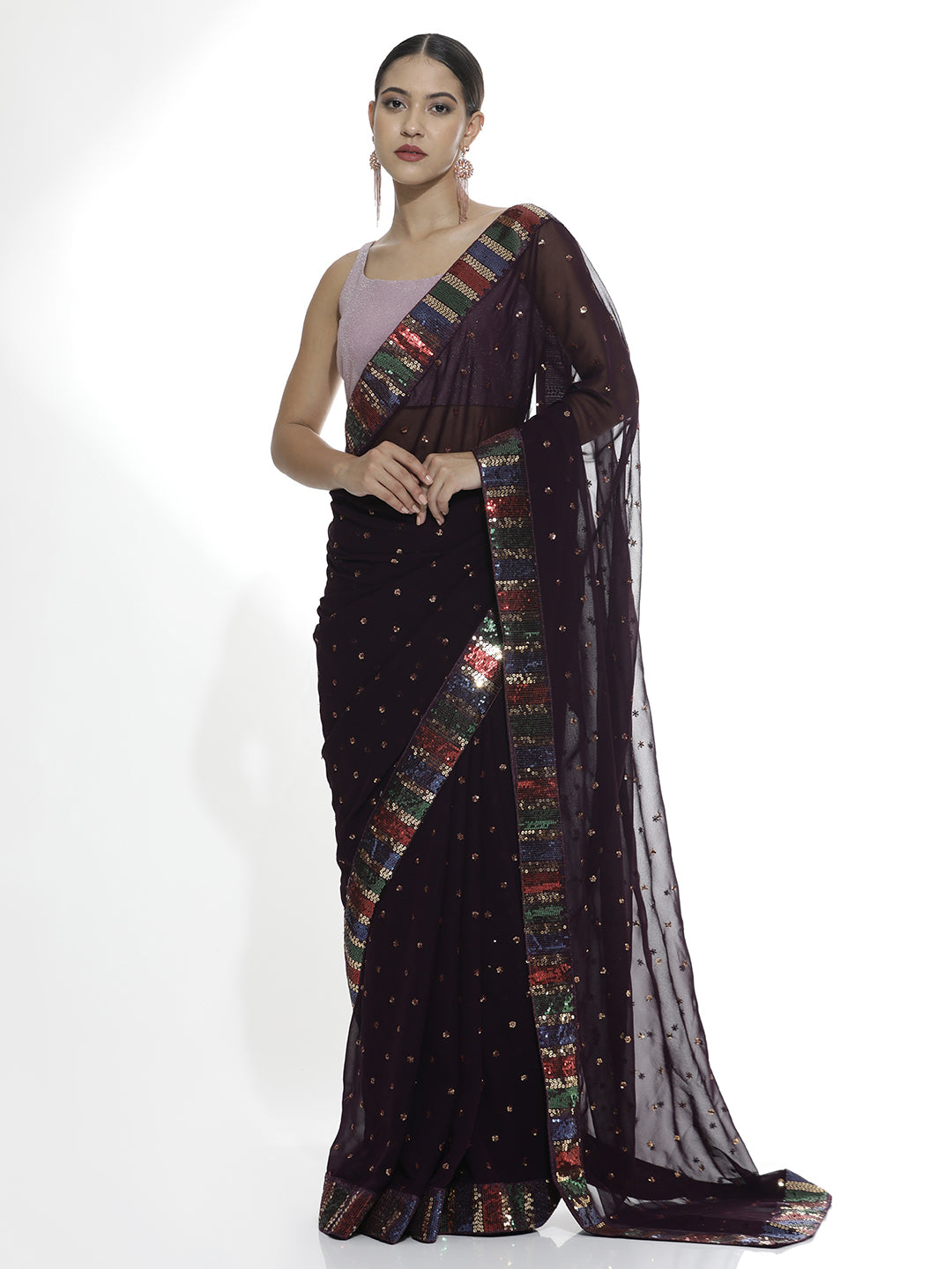 Party Wear Sequin Work Wine Georgette Saree