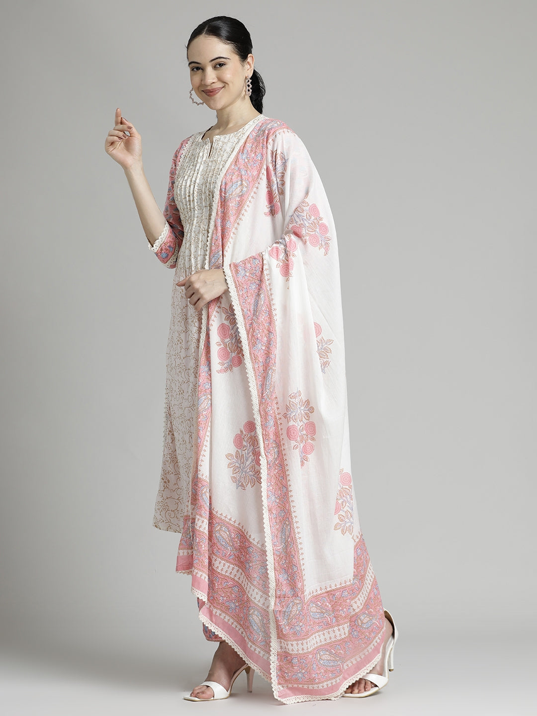 Pink Ethnic Printed Cotton Kurta Set with Dupatta