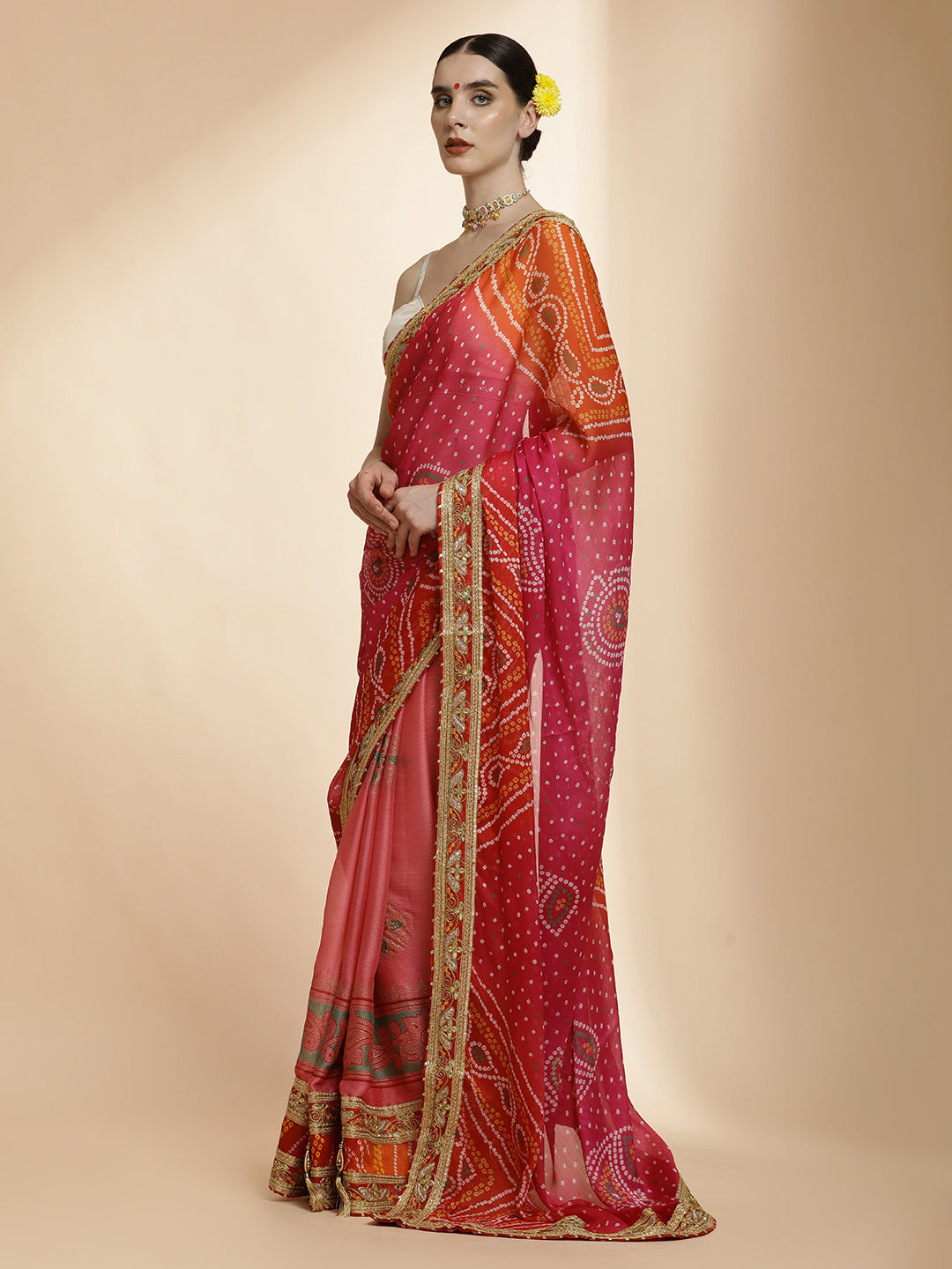 Heavy Bandhani Embroidered Pure Georgette Pink Saree