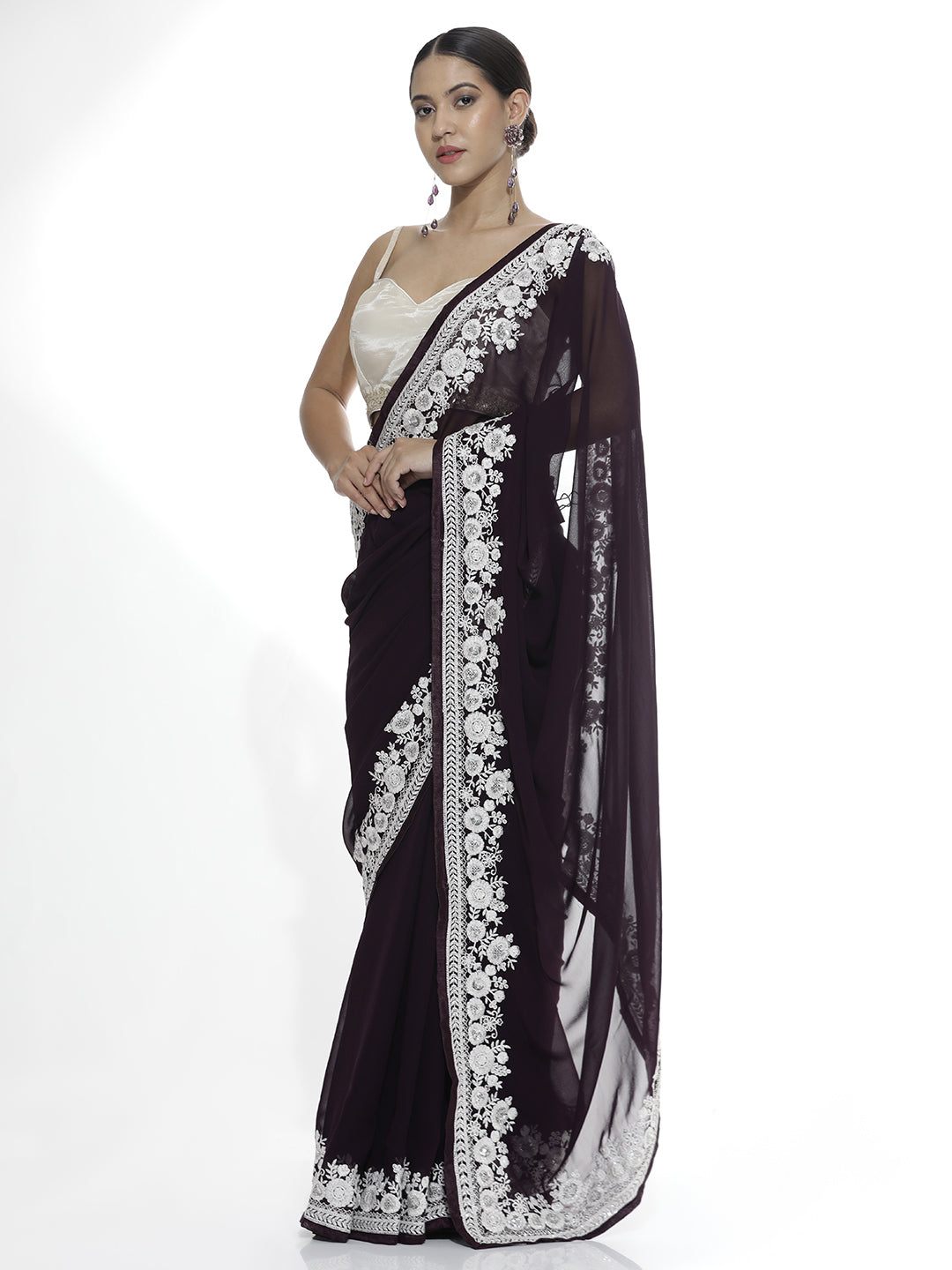 Pure Georgette Embroidered Wine Saree