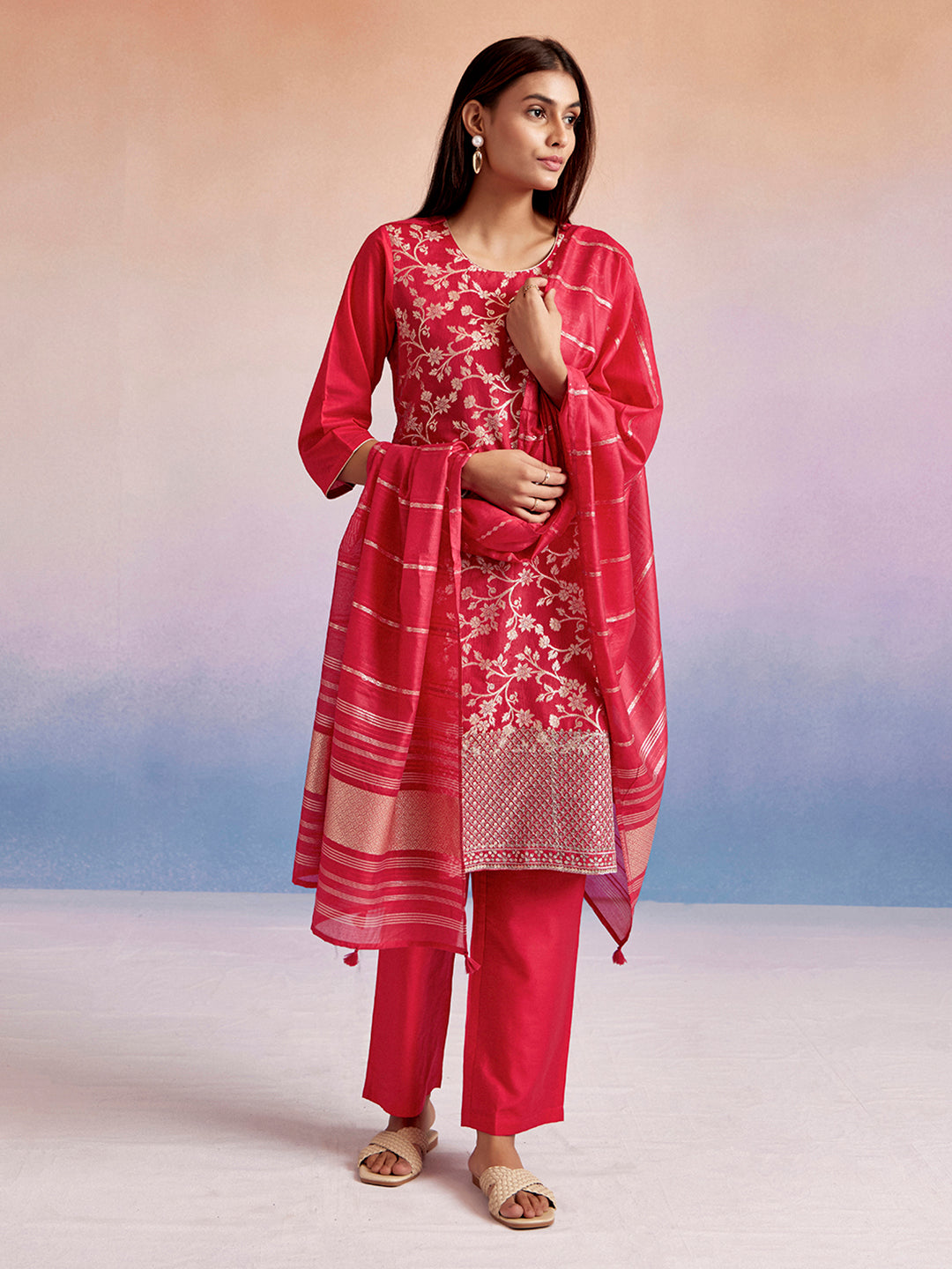 Zari Embroidered Festive Kurta Set With Dupatta