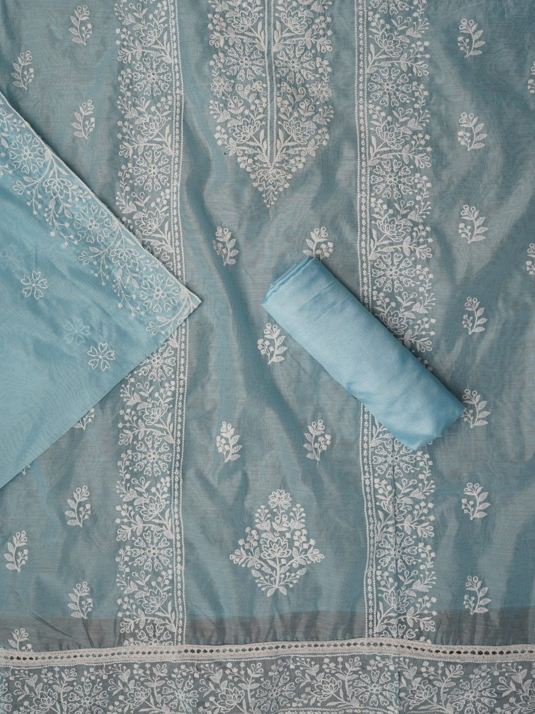 Zari Embroidered Organza Sky Blue Dress Material with Dupatta