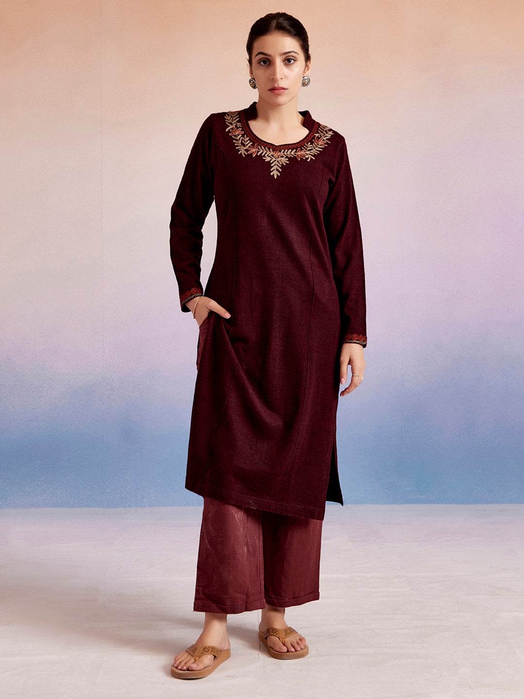 Maroon Embroidered Woolen Straight Kurta