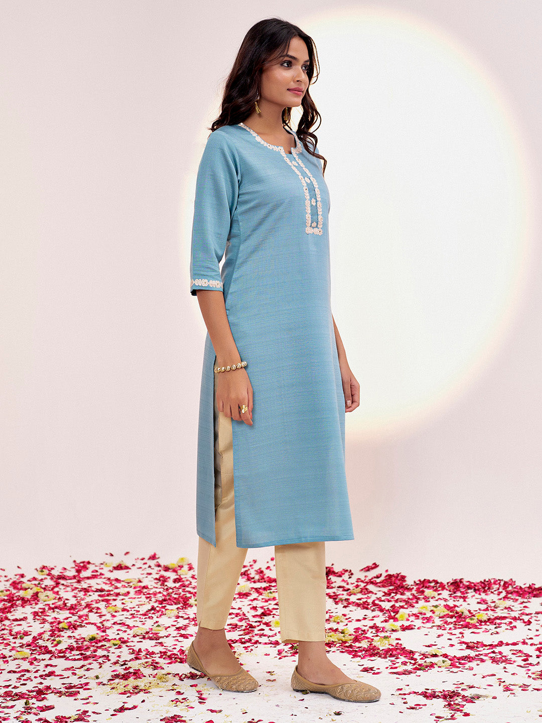 Blue Self Woven Dori Embroidered Kurta Set