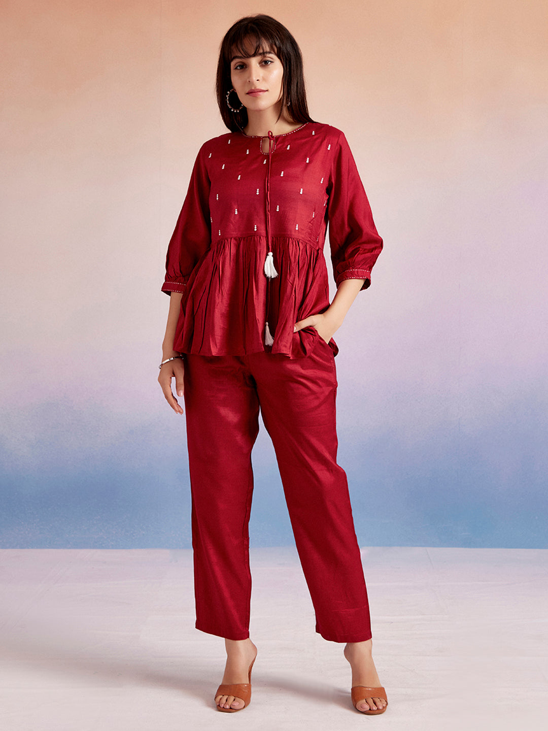 Maroon Resham Embroidered Co-ord Set