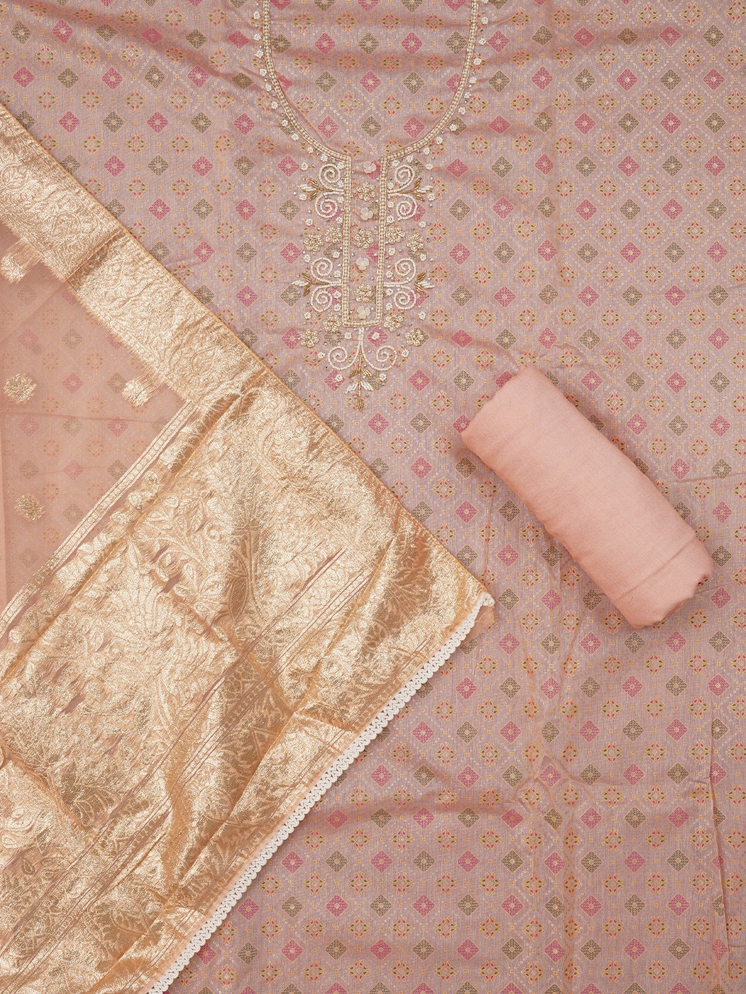 Peach Unstitched Embellished Cotton Blend Dress Material with Dupatta