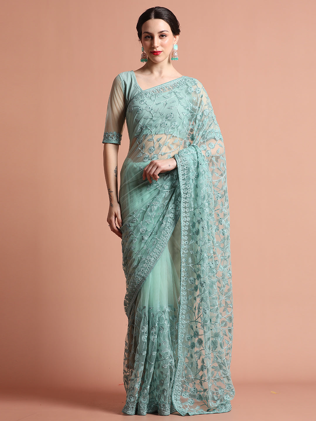 Party Wear Teal Floral Embroidered Net Saree