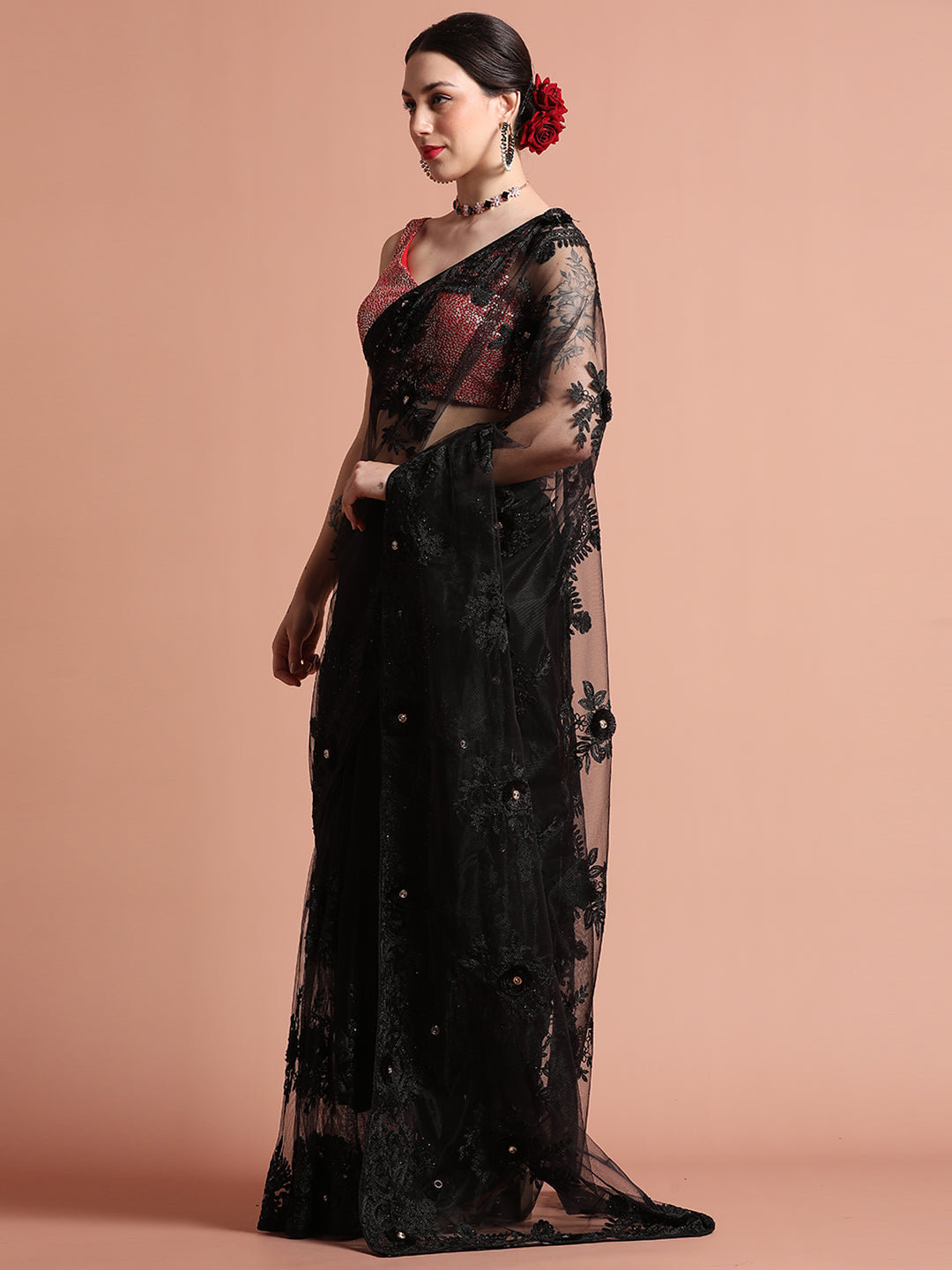 Embroidered Net Party Wear Black Saree