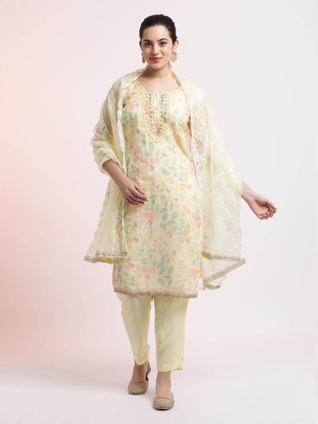 Yellow Floral Embellished Organza Festive Kurta Set With Dupatta