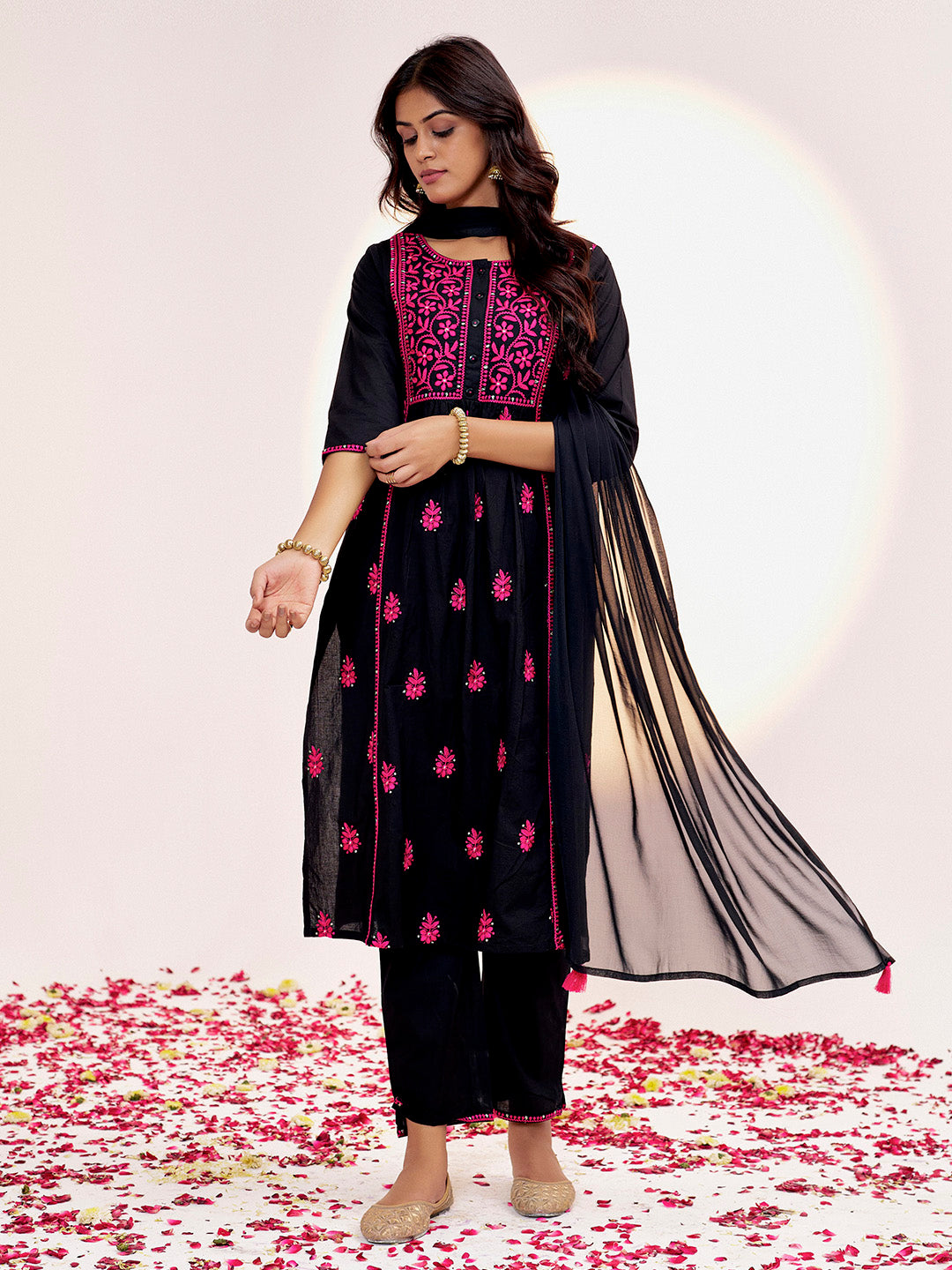 Black Threadwork Festive Pure Cotton Kurta Set With Dupatta