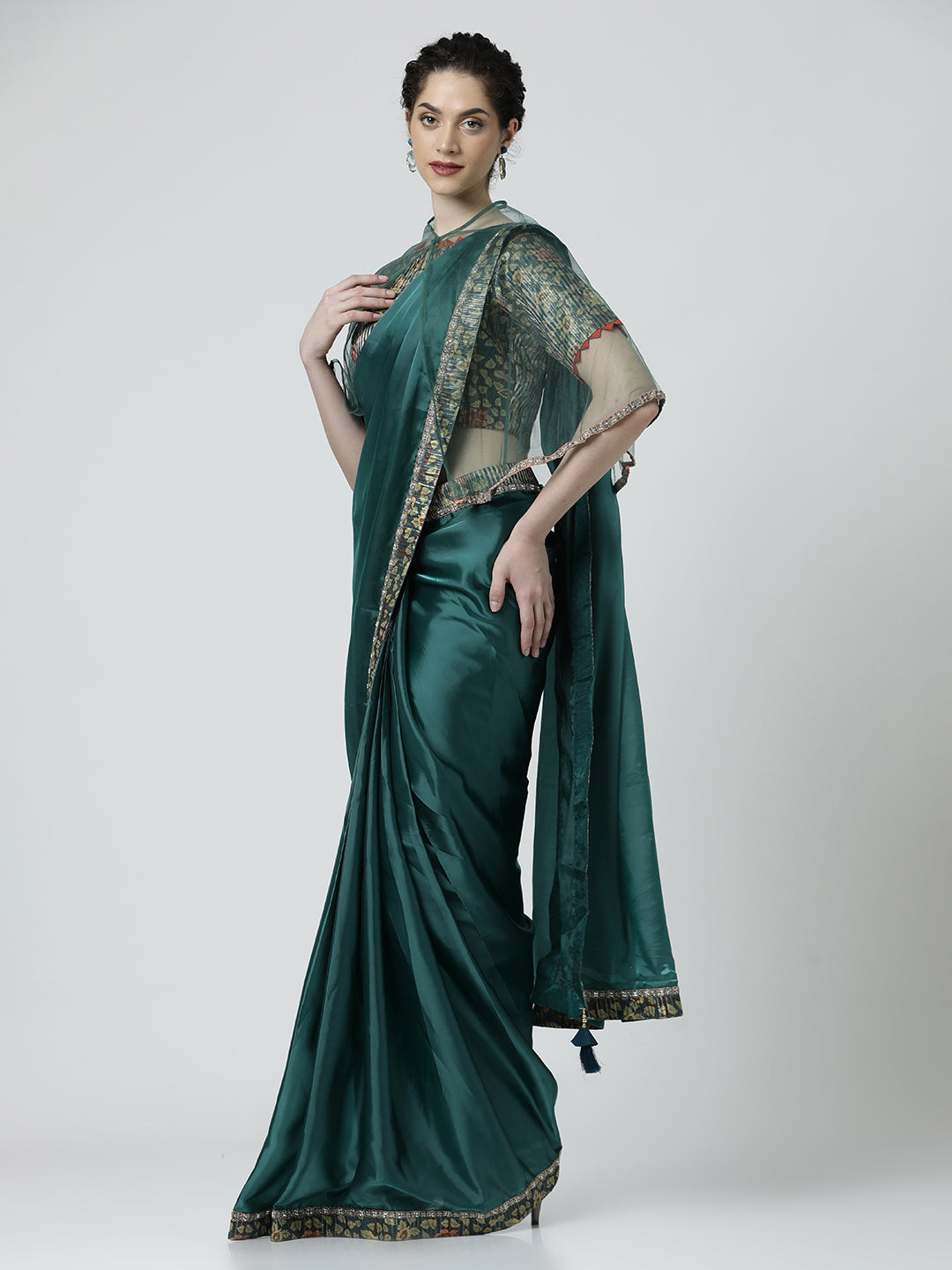 Green Satin Silk Readymade Saree with Readymade Blouse