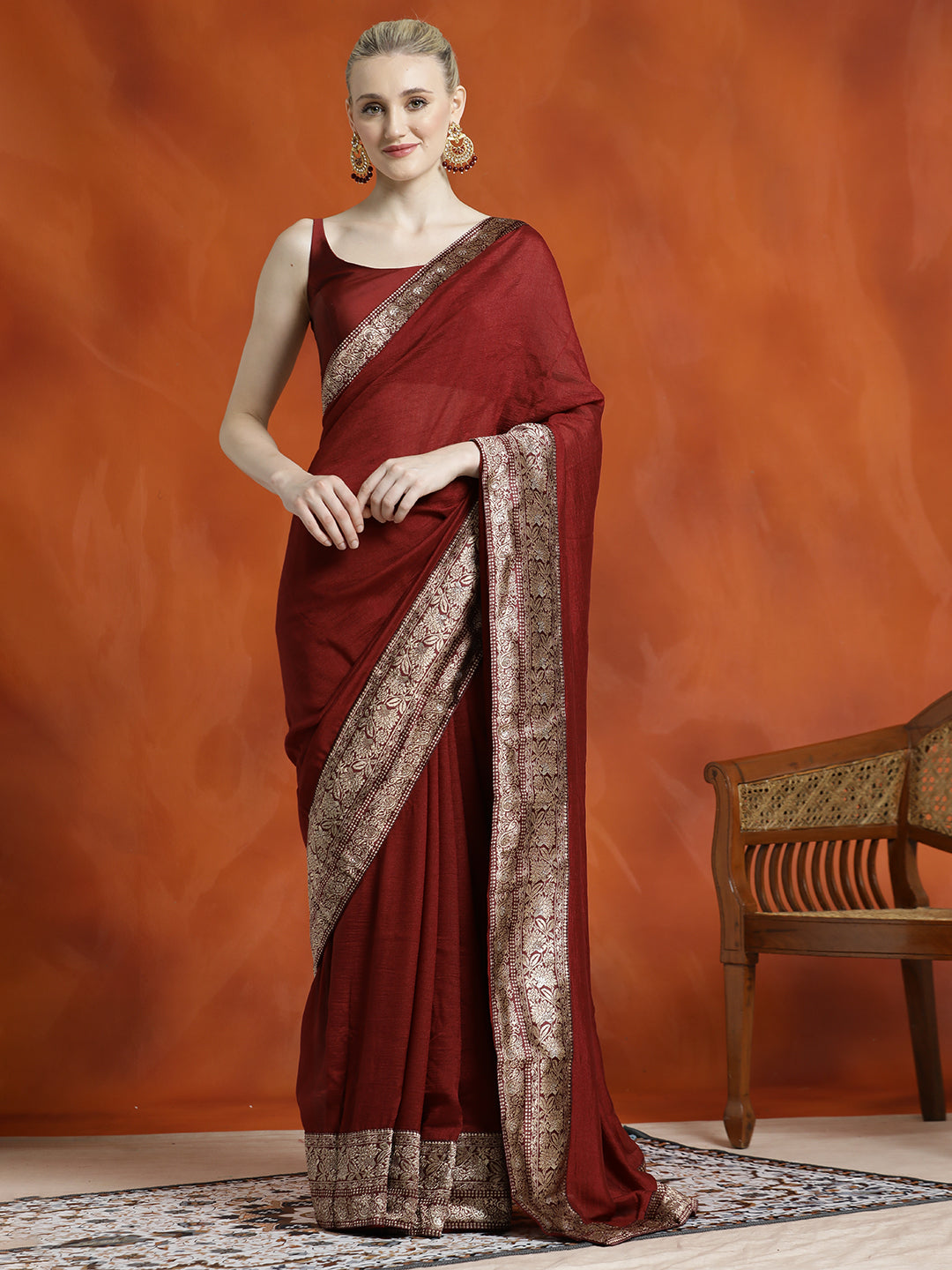 Maroon Silk Blend Zari Woven Party Wear Saree