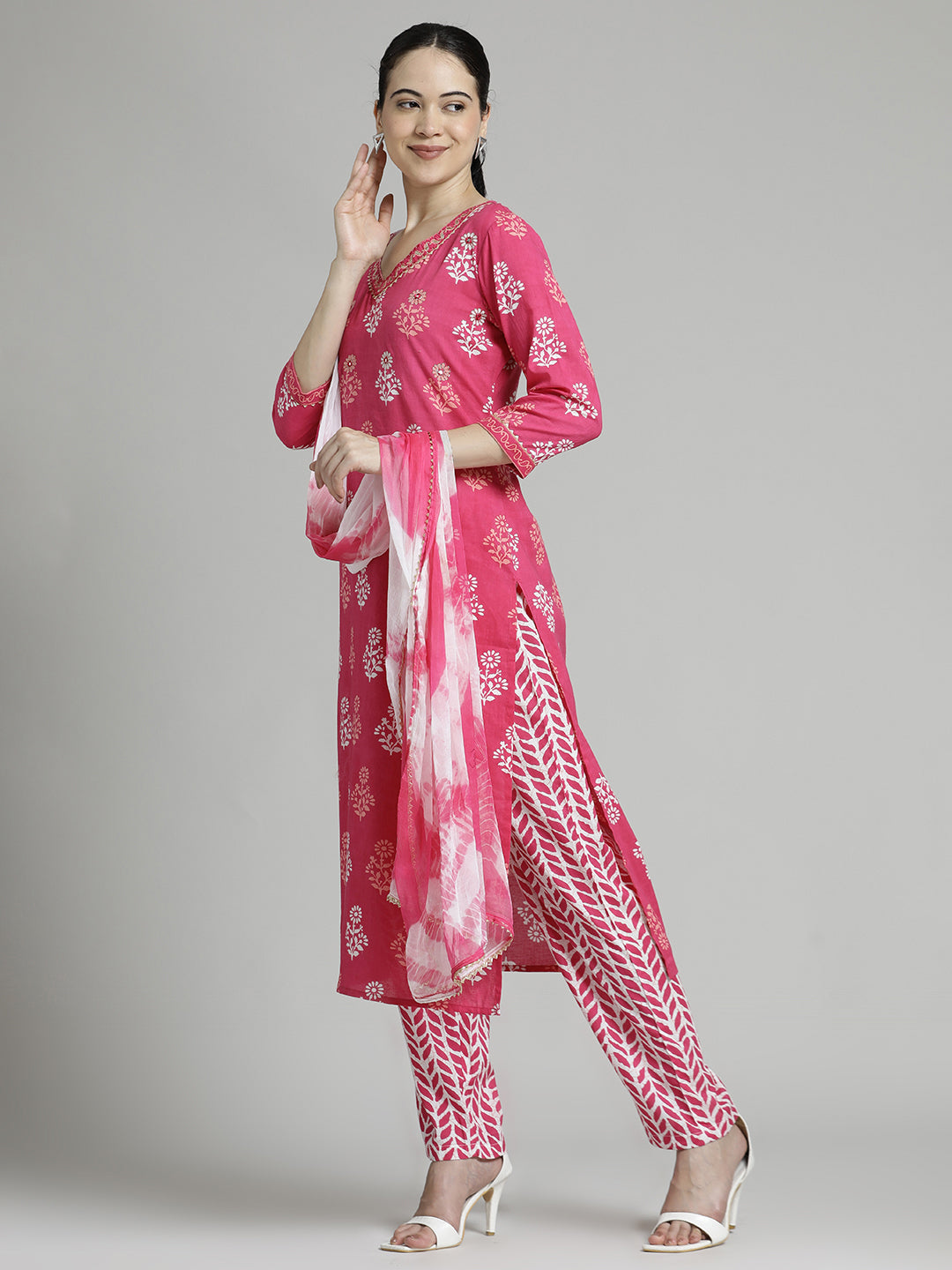 Ethnic Printed Pure Cotton Pink Suit Set