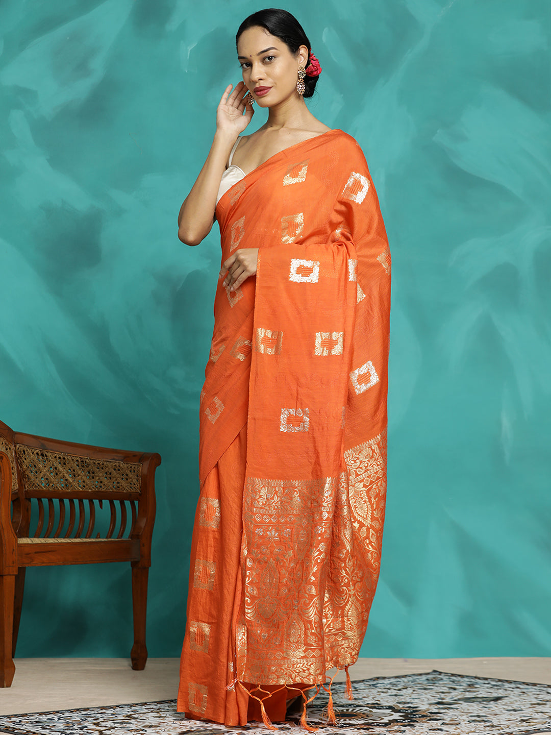 Orange Zari Woven Cotton Blend Banarasi Saree