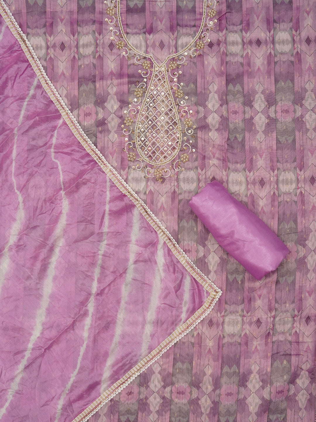 Purple Leheriya Embroidered Dress Material with Dupatta