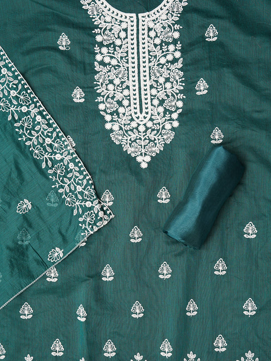 Unstitched Green Embroidered Cotton Blend Dress Material With Dupatta