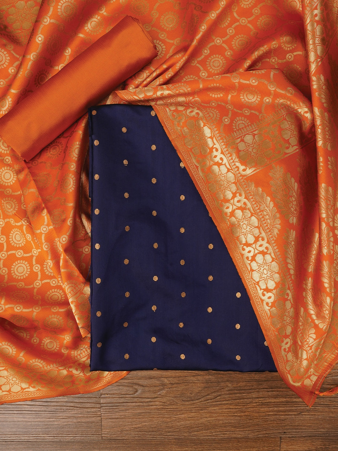 Navy Blue Zari Woven Silk Blend Dress Material With Dupatta