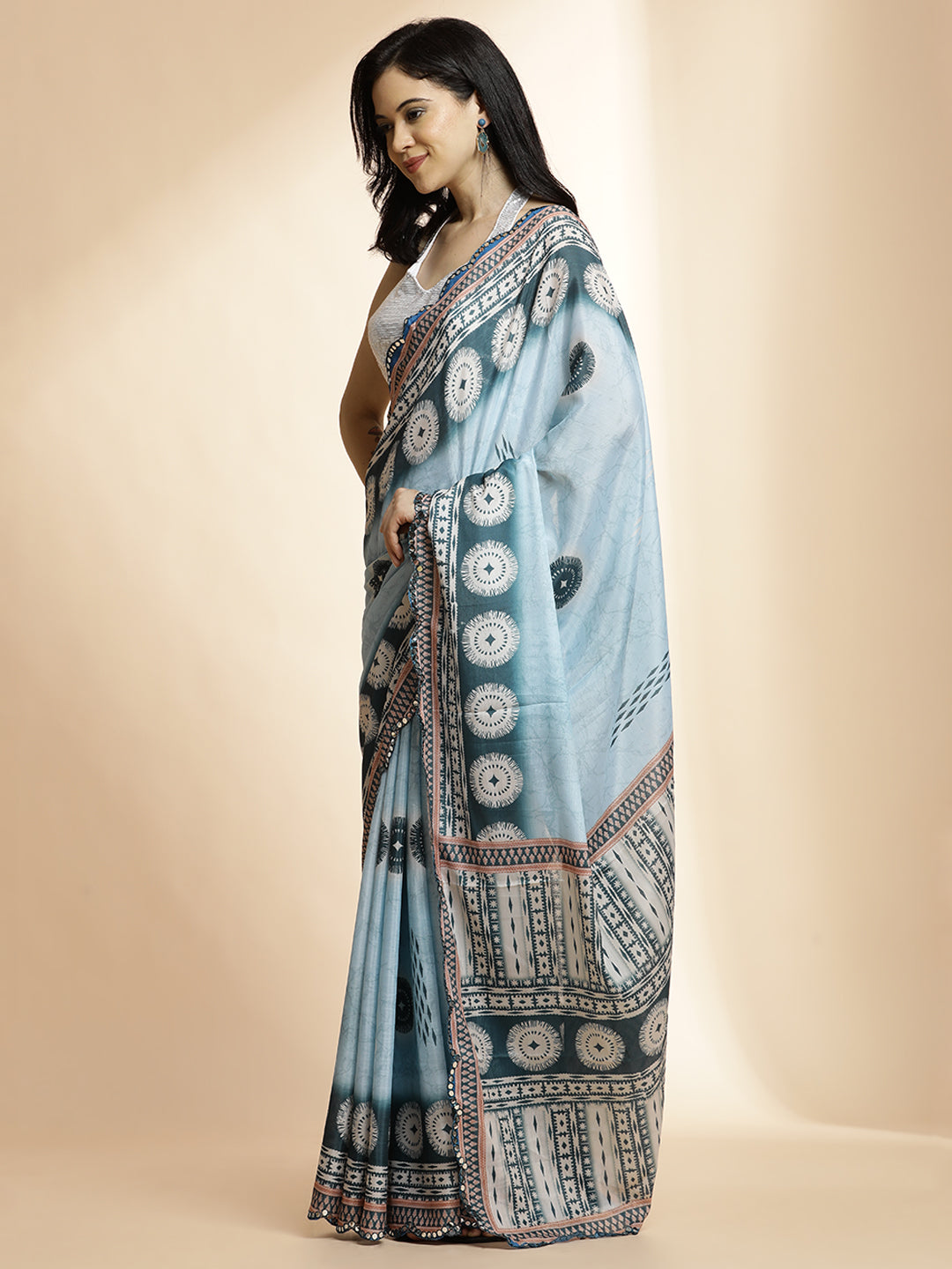 Grey Tie-Dye Printed Mirror Work Satin Saree