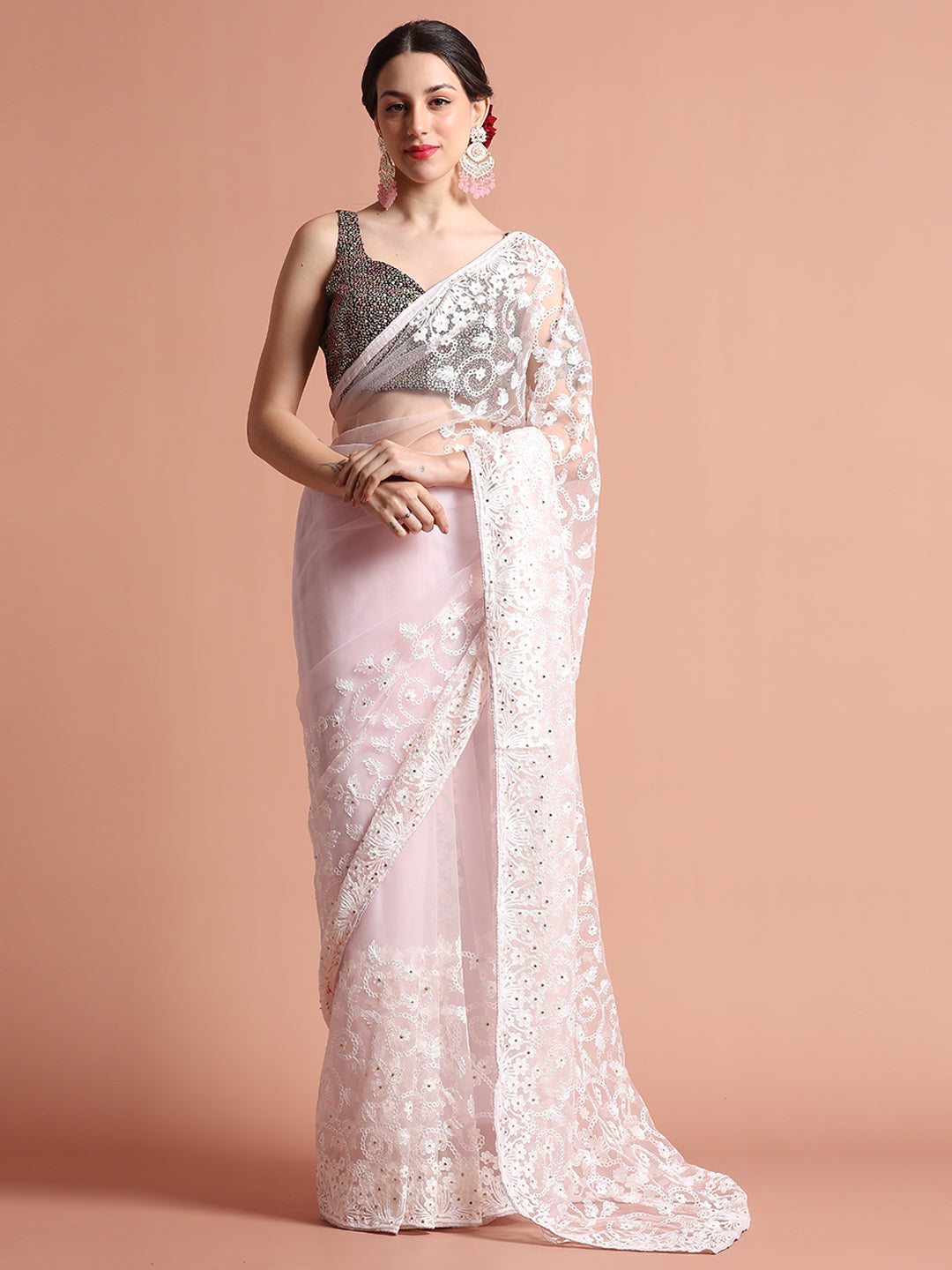 Party Wear Floral Baby Pink Embroidered Net Saree