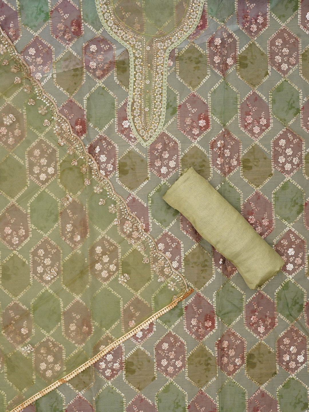 Sequin Green Embroidered Organza Dress Material with Dupatta