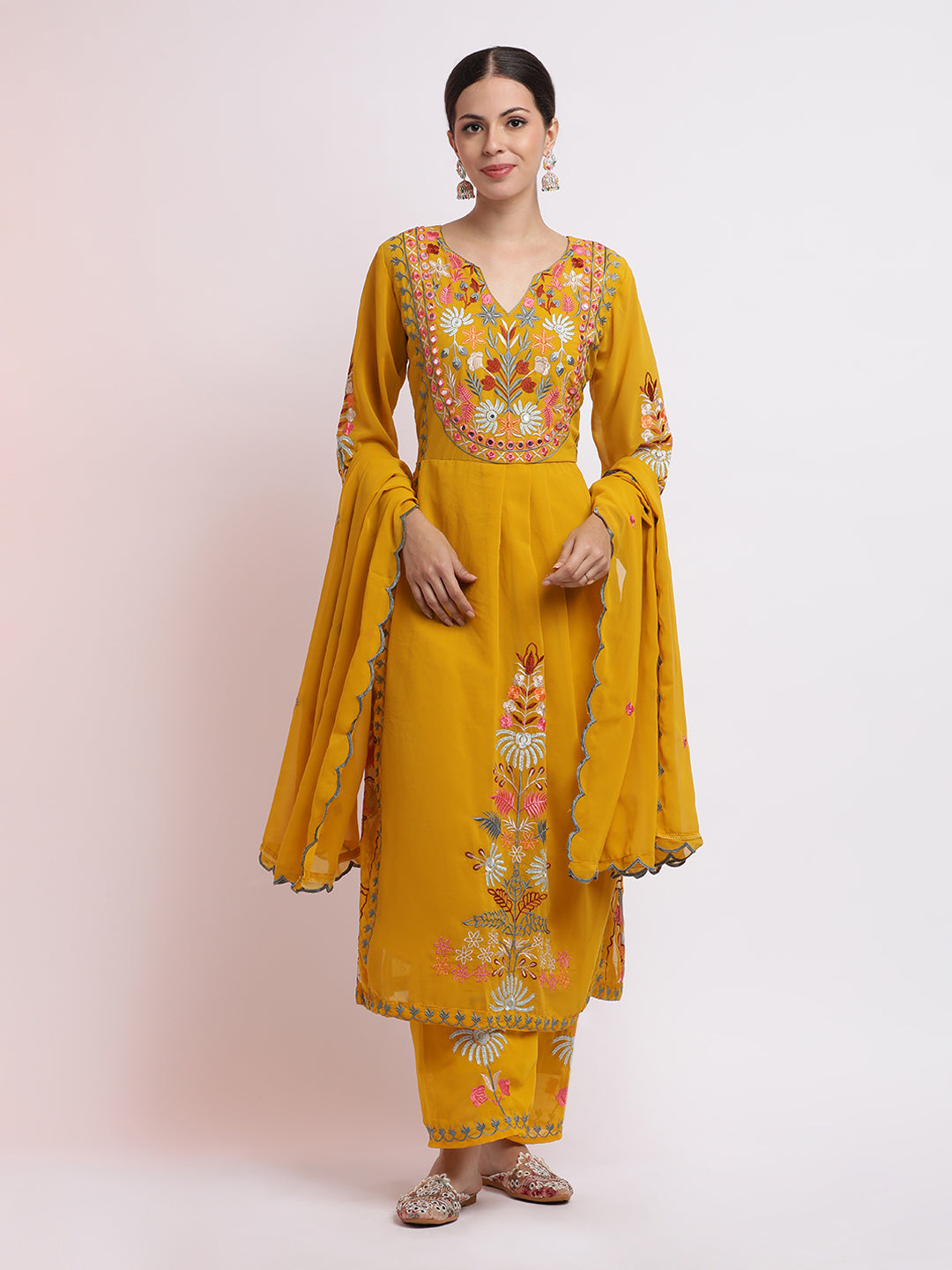 Yellow Thread Embroidered Georgette Kurta Set With Dupatta