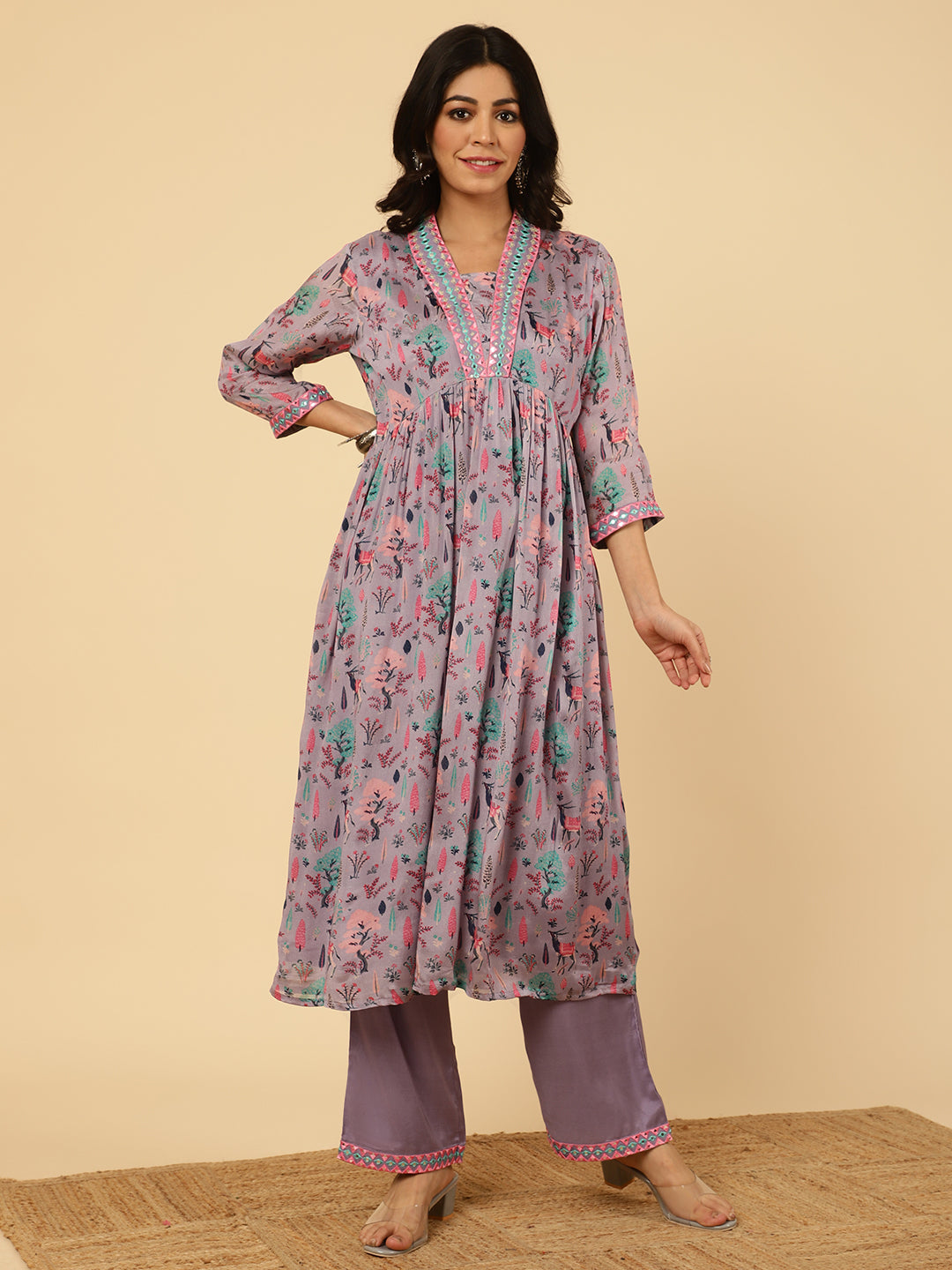 Lavender Mirror Embroidered Festive Kurta Set