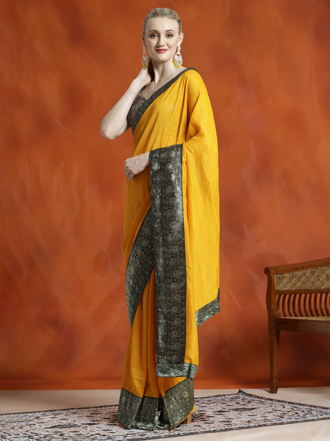 Yellow Silk Blend Zari Woven Party Wear Saree