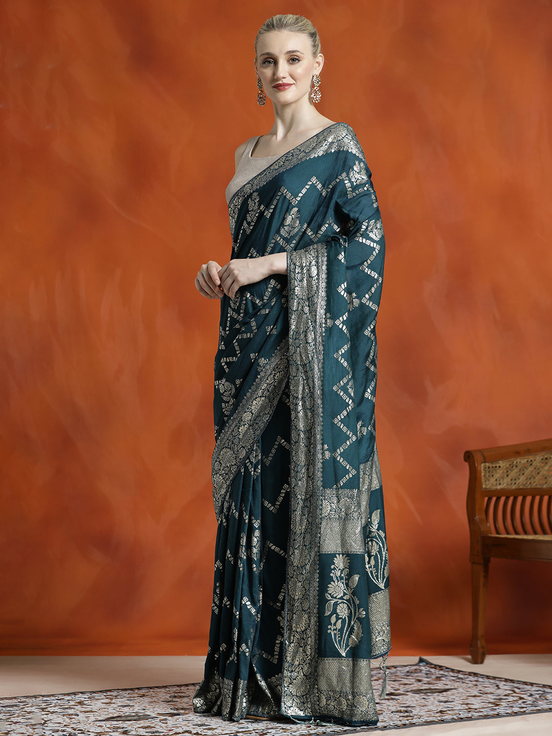 Heavy Banarasi Zari Woven Silk Blend Teal Saree