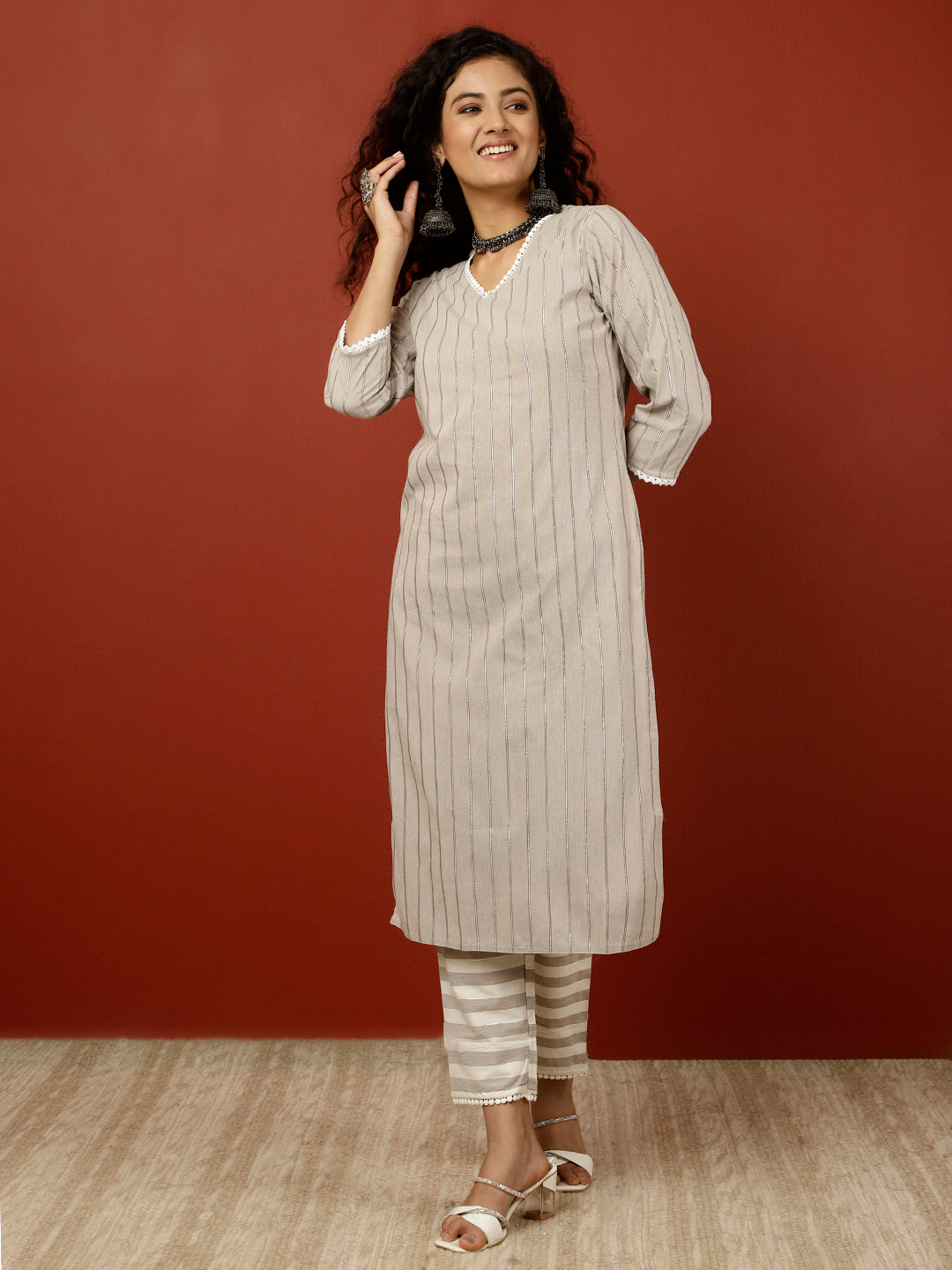 White & Brown Cotton Lurex Stripes Kurta Set