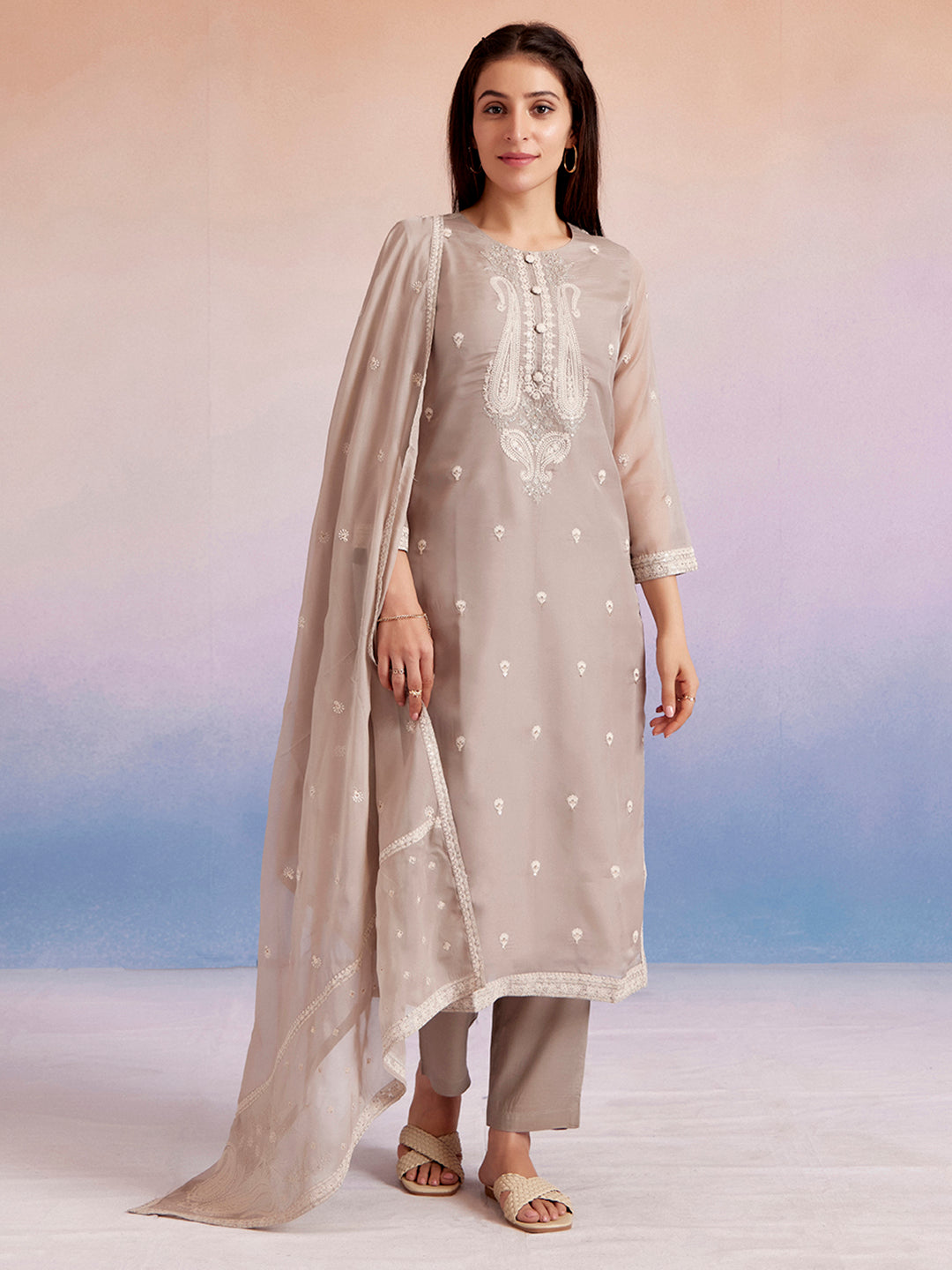 Grey Dori Embroidered Festive Kurta Set With Dupatta