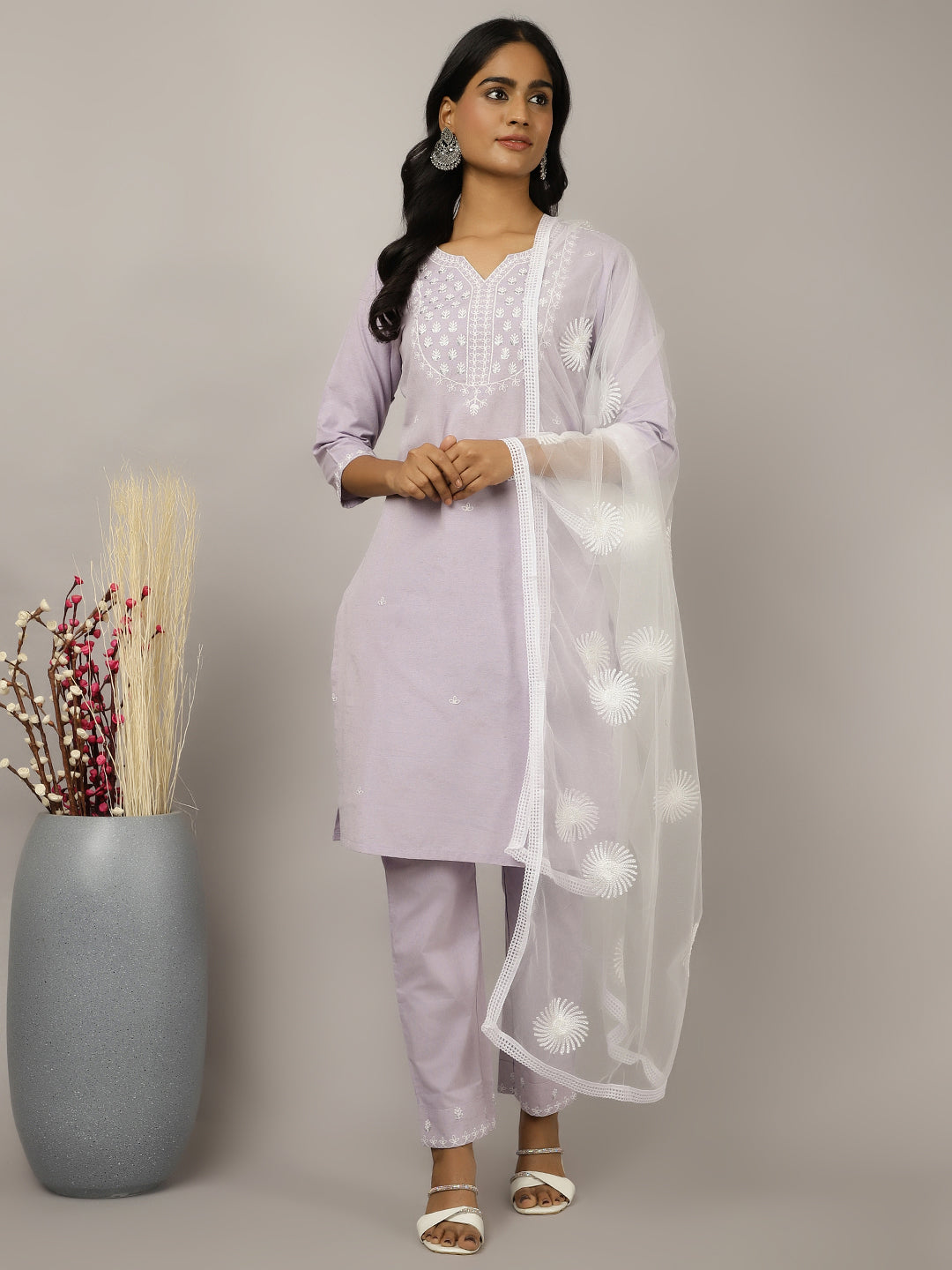 Lavender Sequin Embroidered Cotton Suit Set