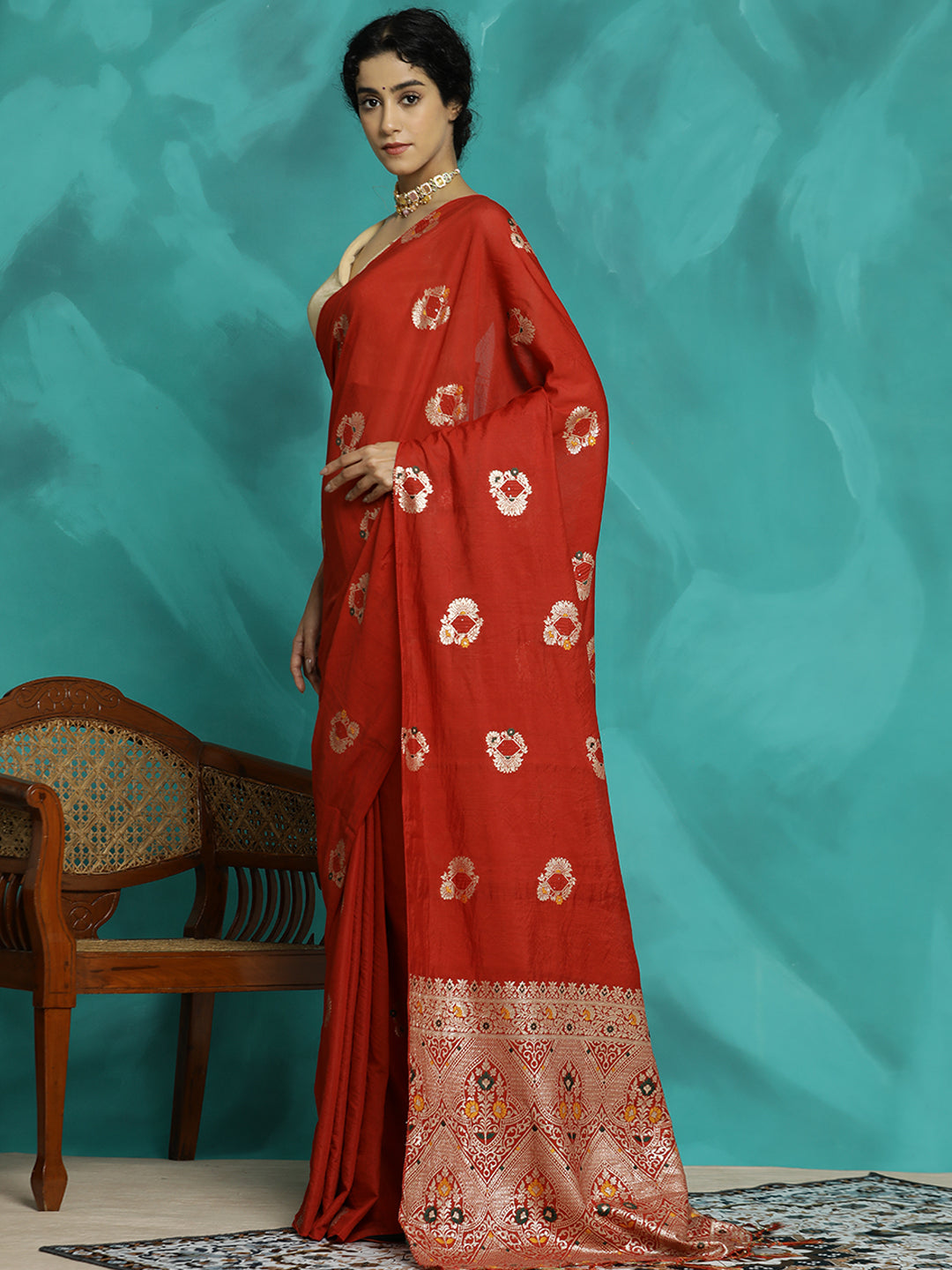 Red Silk Blend Party Wear Banarasi Saree