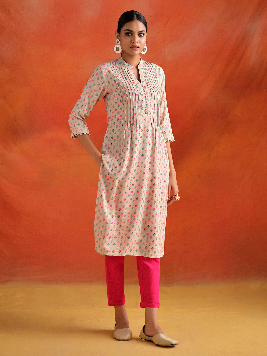 Beige Ethnic Motif Printed Straight Kurta