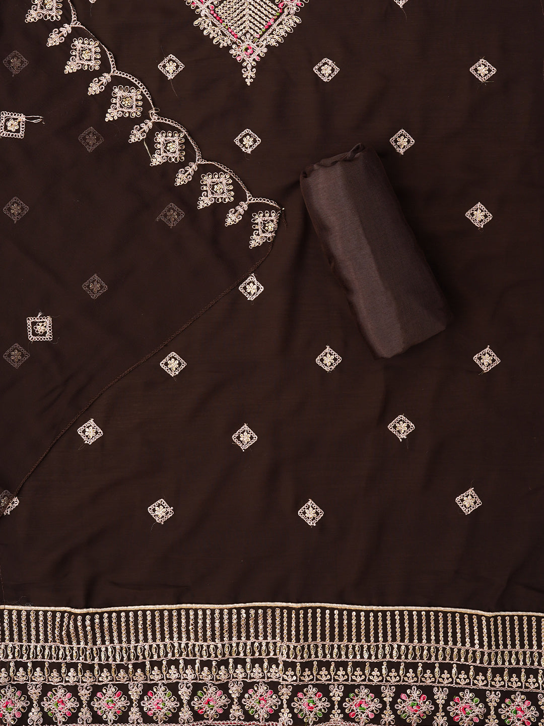 Brown Zari Silk Georgette Dress Material with Dupatta