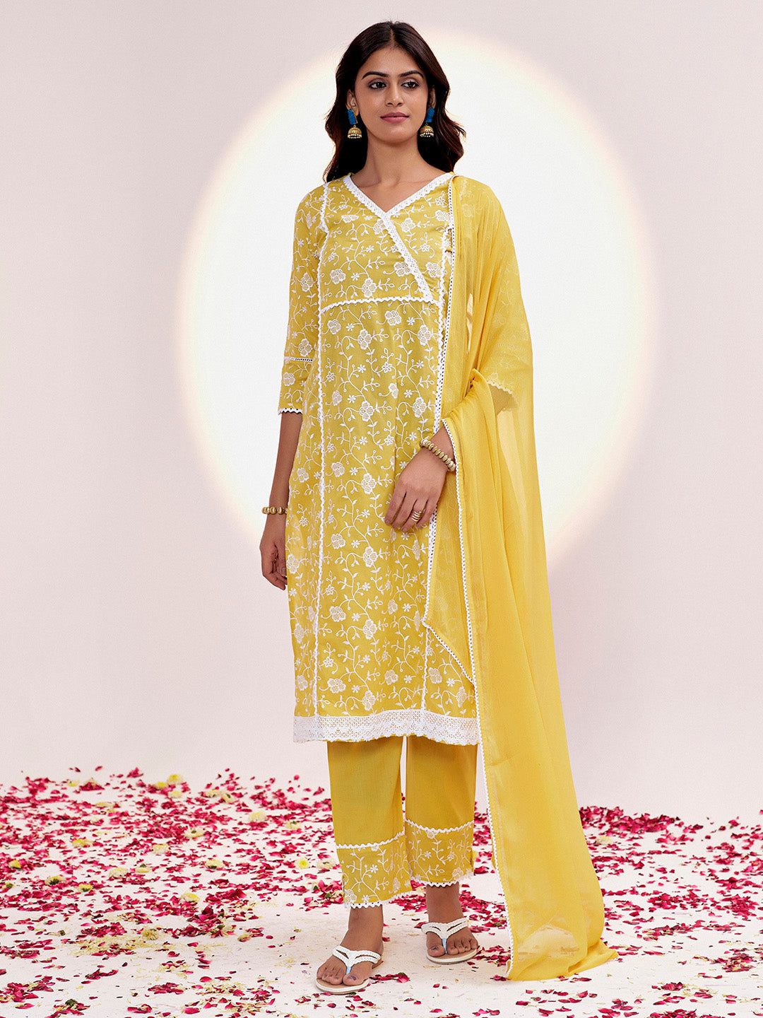 Yellow Pure Cotton Festive Chikankari Kurta Set With Dupatta