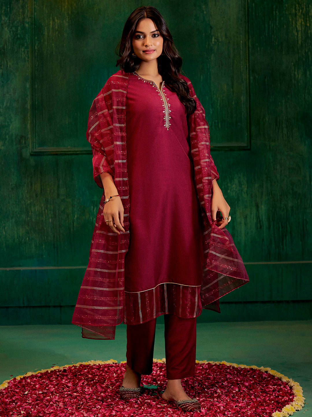 Maroon Festive Embroidered Poly Silk Kurta Set With Dupatta