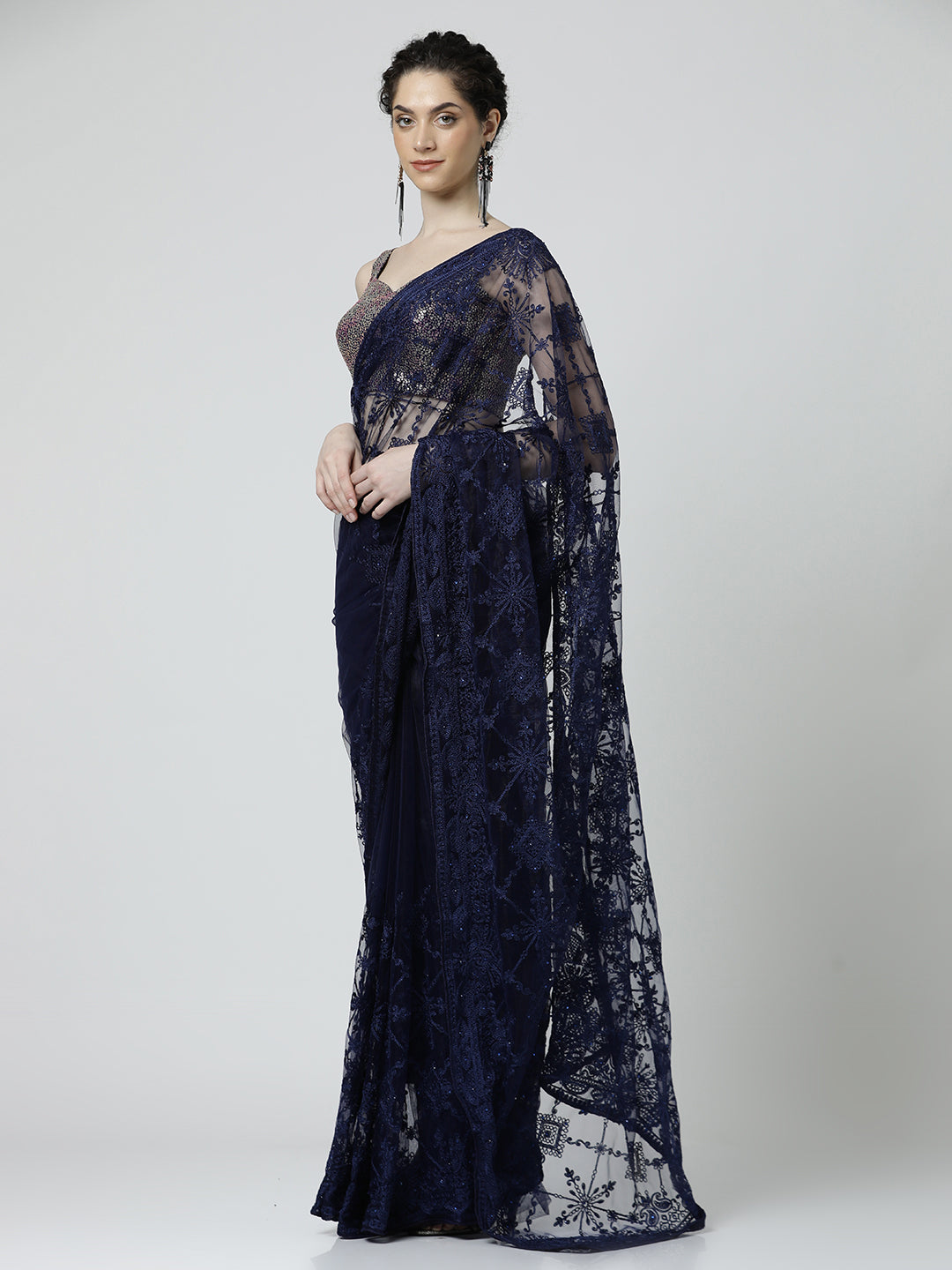 Navy Blue Embroidered Net Black Party Wear Saree