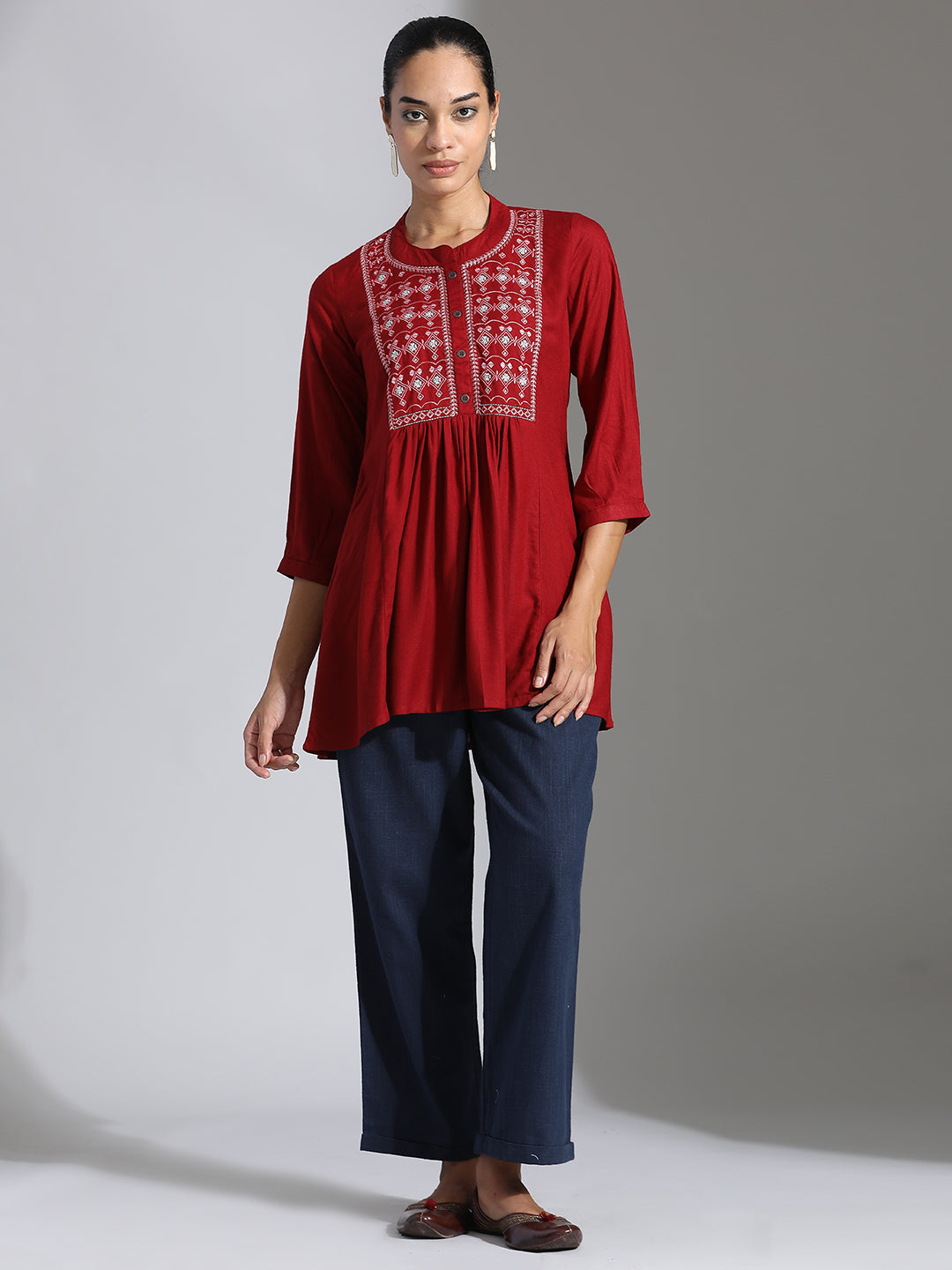 Red Embroidered Party Wear A-line Top