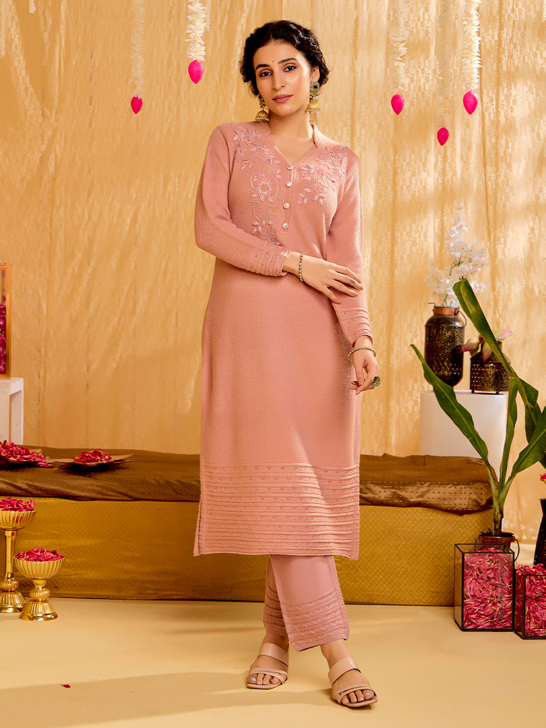 Pink Self Woven Embellished Woolen Kurta Set