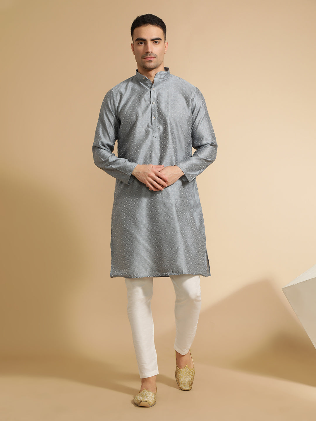 Grey Silk Blend Kurta With Woven Design Nehru Jacket Set