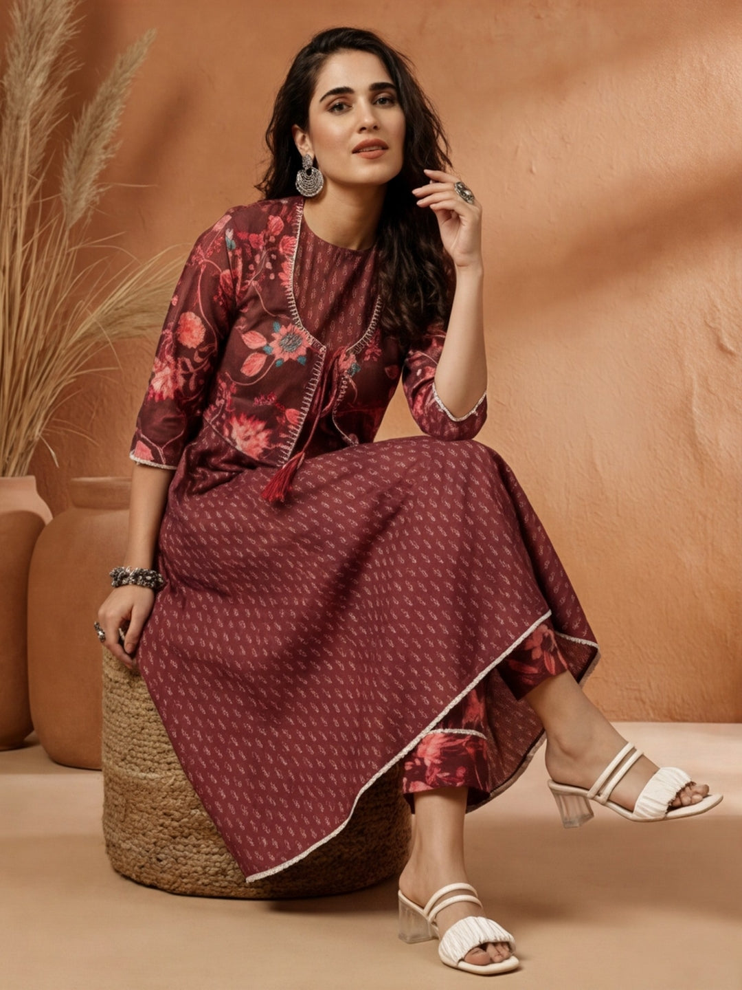 Brown Ethnic Print Flared Kurta With Shrug And Pants