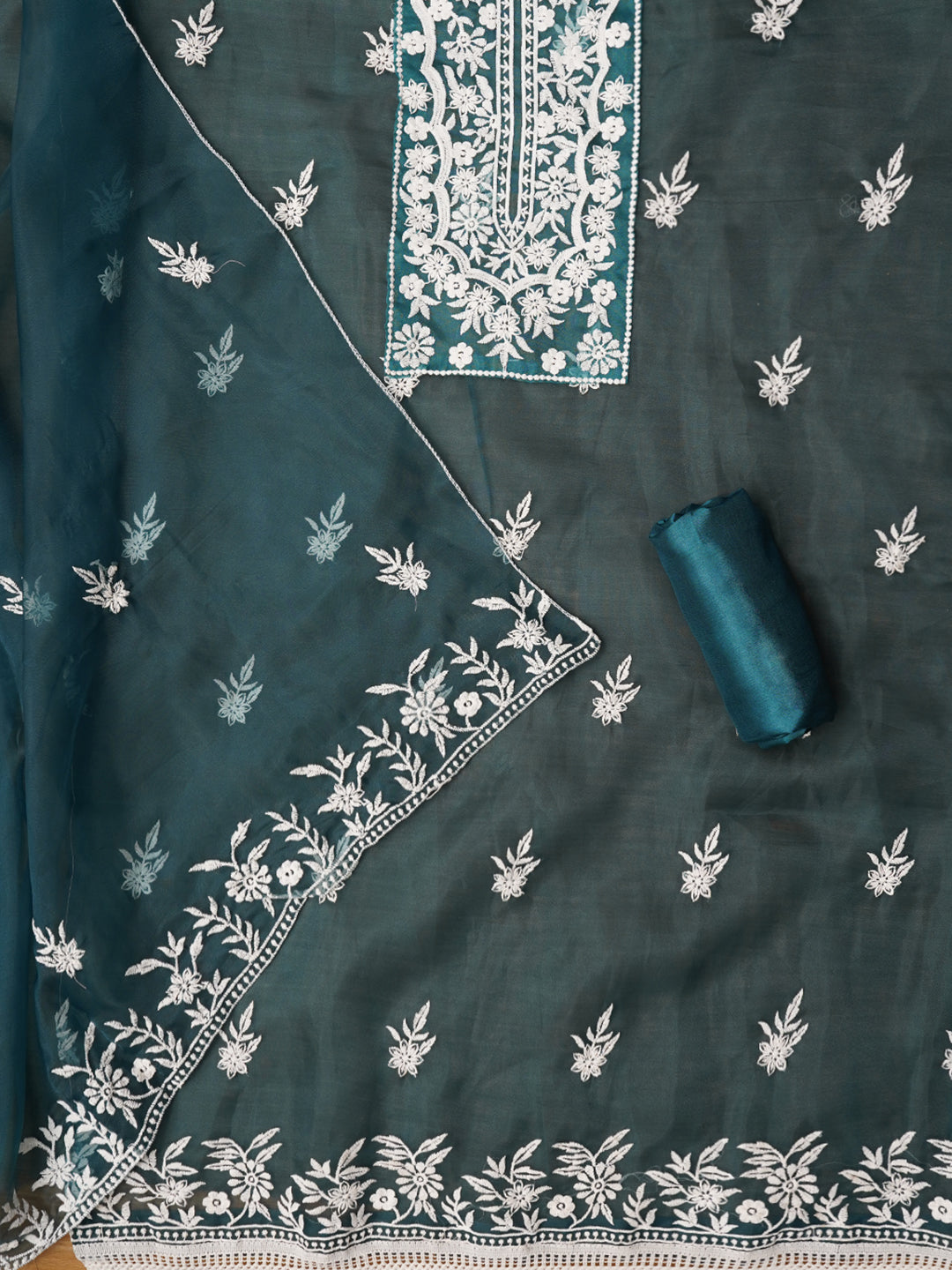 Teal Thread Embroidered Organza Festive Dress Material with Dupatta