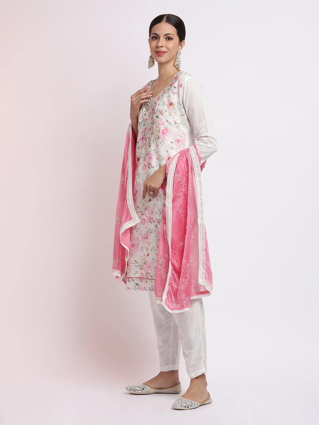 Embroidered Cotton Blend Kurta Set With Dupatta