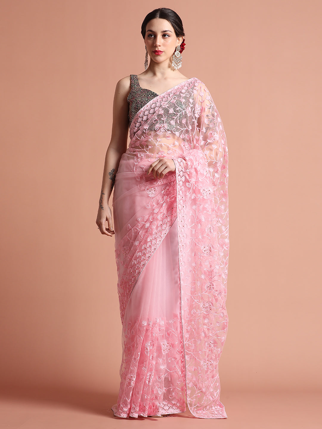 Baby Pink Party Wear Floral Embroidered Net Saree