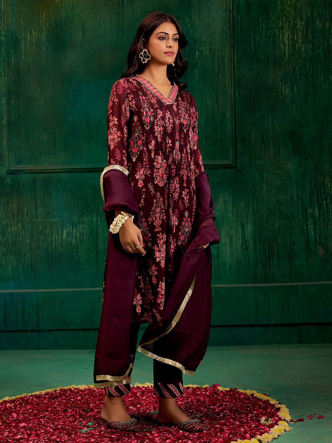 Wine Mirror Embroidered Festive Flared Kurta Set With Dupatta