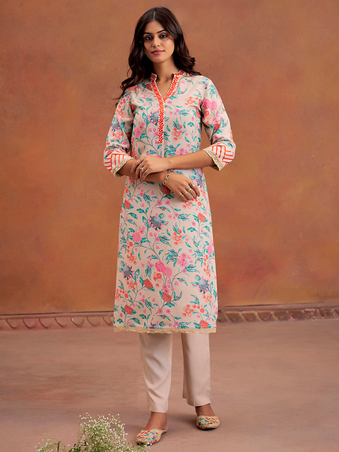 Beige Embroidered Tropical Printed Straight Kurta