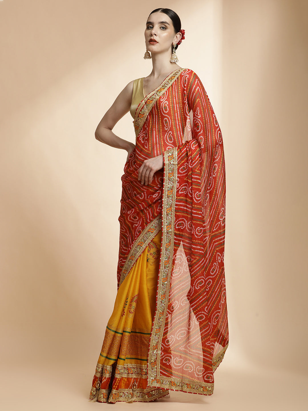 Red Heavy Bandhani Embroidered Pure Georgette Saree