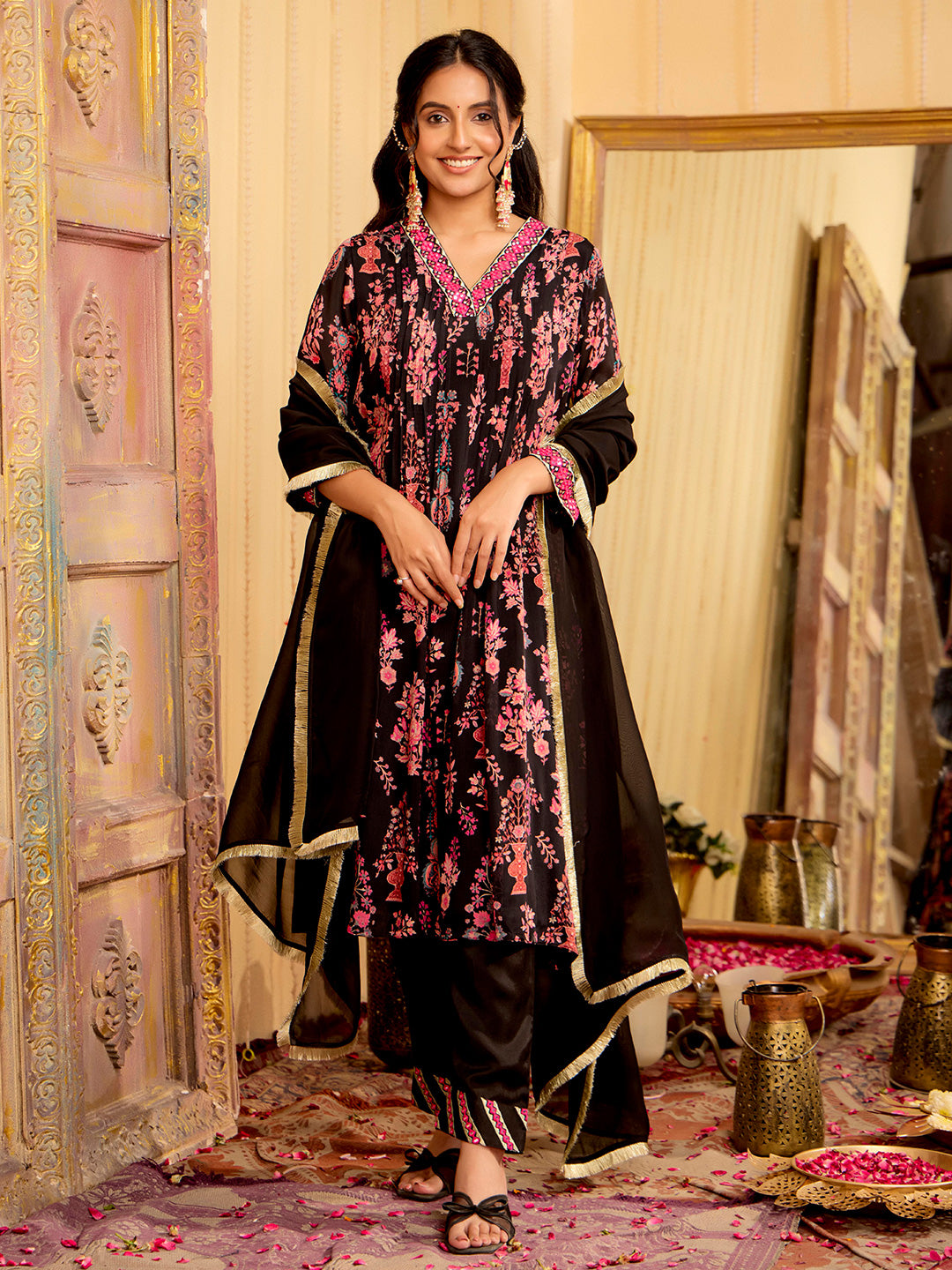 Black Mirror Embroidered Festive Flared Kurta Set With Dupatta